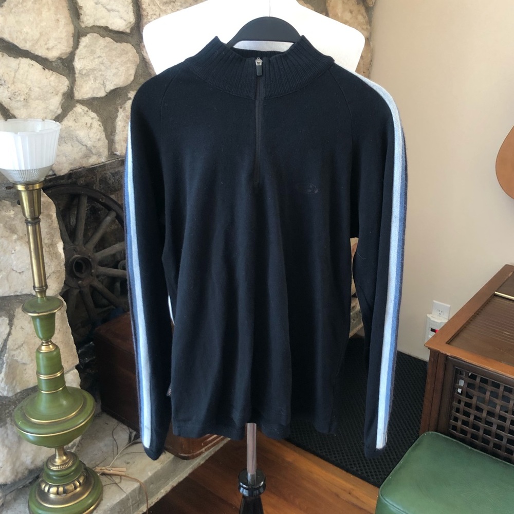 Icebreaker Merino Sport Ltd Wool 1/4 Zip Sweater- Black w Blue/White Arm Stripes